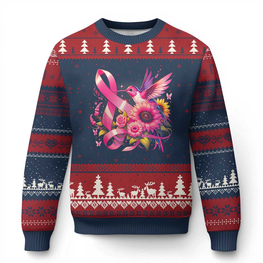 Breast Cancer Awareness Ugly Christmas Sweater Hummingbird Pink Ribbon Support - Wonder Print Shop