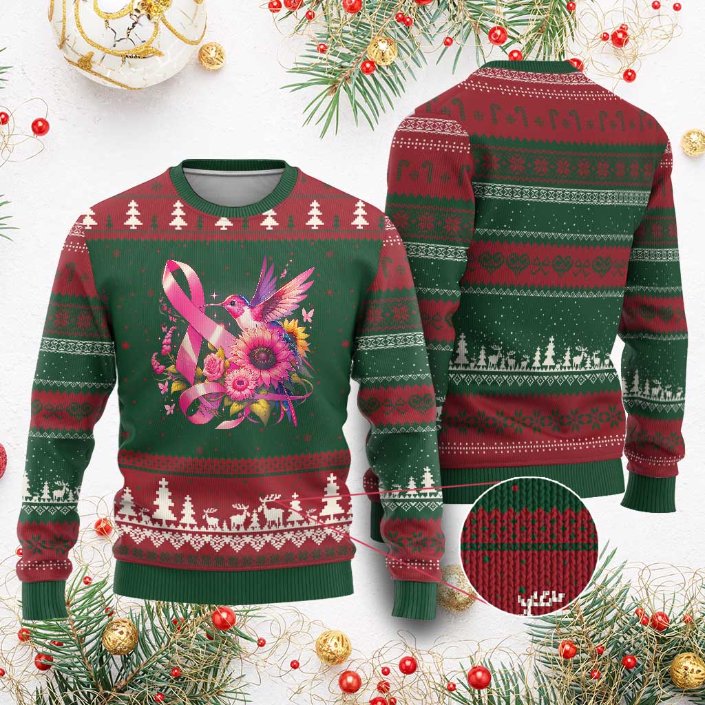 Breast Cancer Awareness Ugly Christmas Sweater Hummingbird Pink Ribbon Support - Wonder Print Shop
