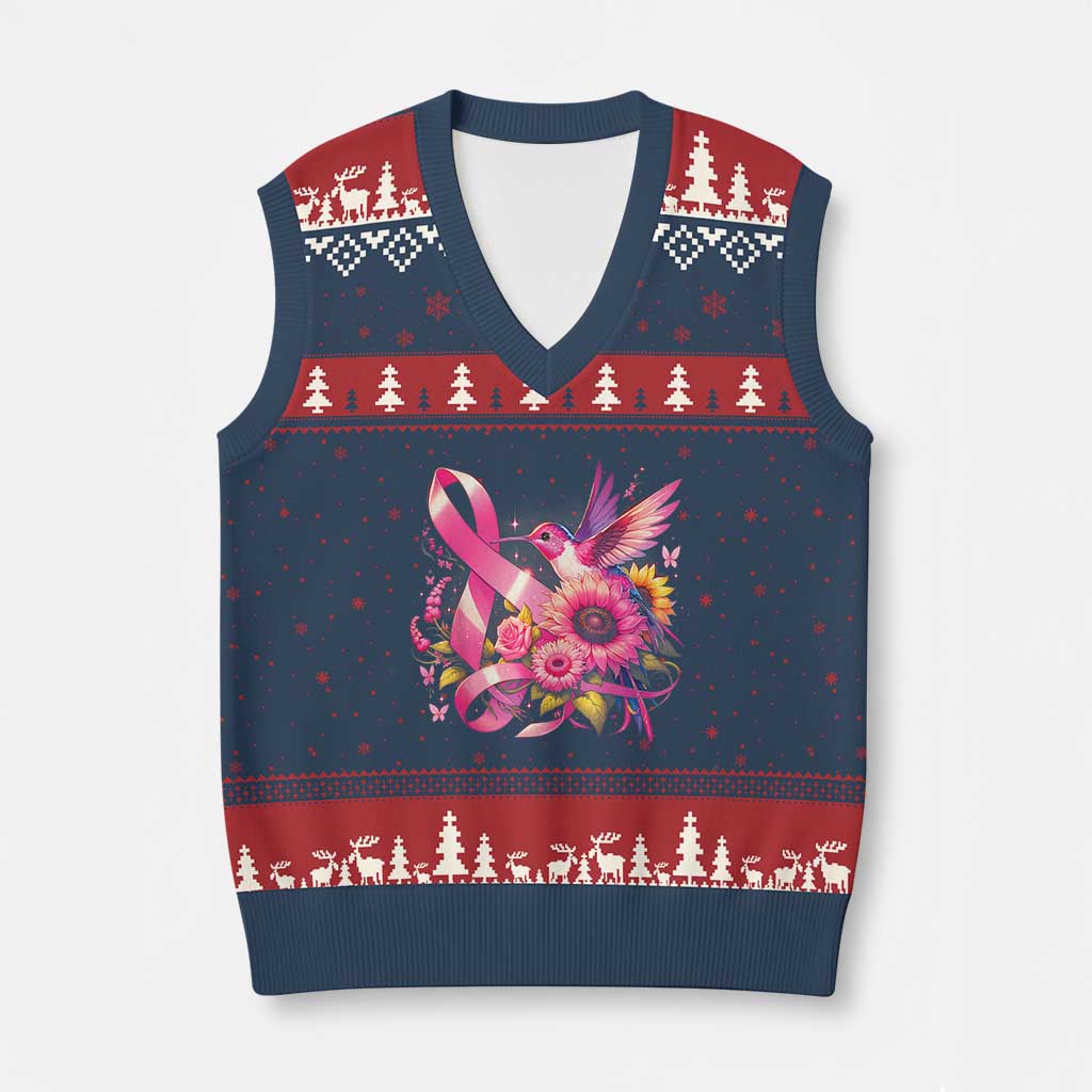 Breast Cancer Awareness V-Neck Knit Sweater Vest Hummingbird Pink Ribbon Support - Wonder Print Shop