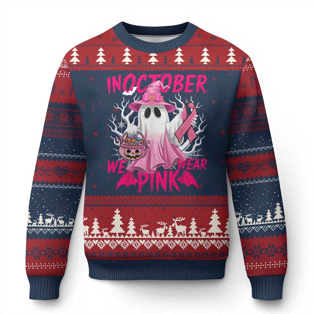 Breast Cancer Awareness Ugly Christmas Sweater In October We Wear Pink Ghost - Wonder Print Shop