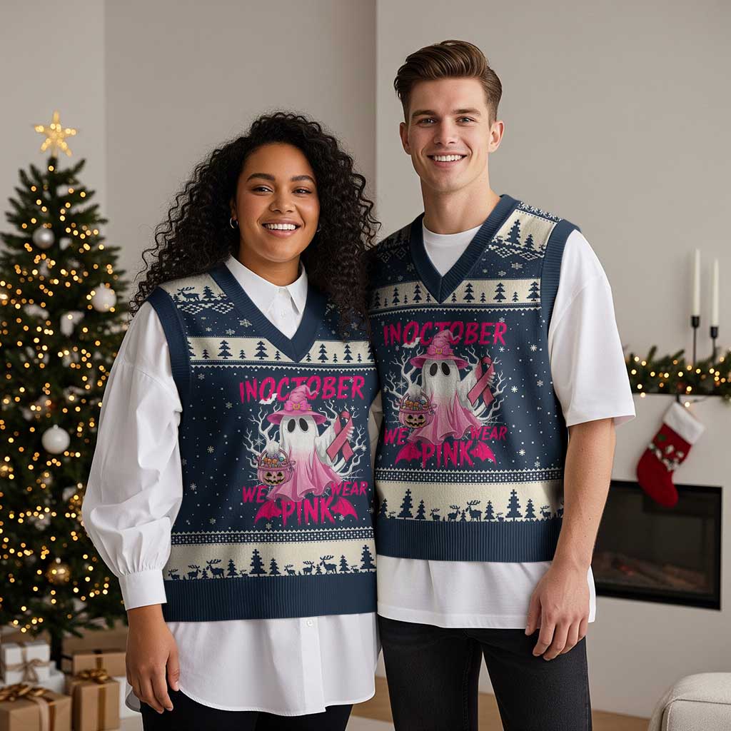 Breast Cancer Awareness V-Neck Knit Sweater Vest In October We Wear Pink Ghost - Wonder Print Shop