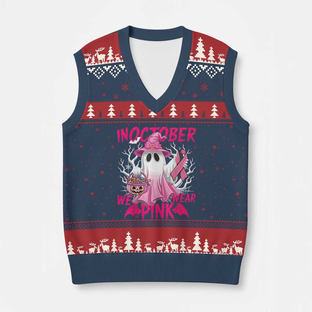 Breast Cancer Awareness V-Neck Knit Sweater Vest In October We Wear Pink Ghost - Wonder Print Shop