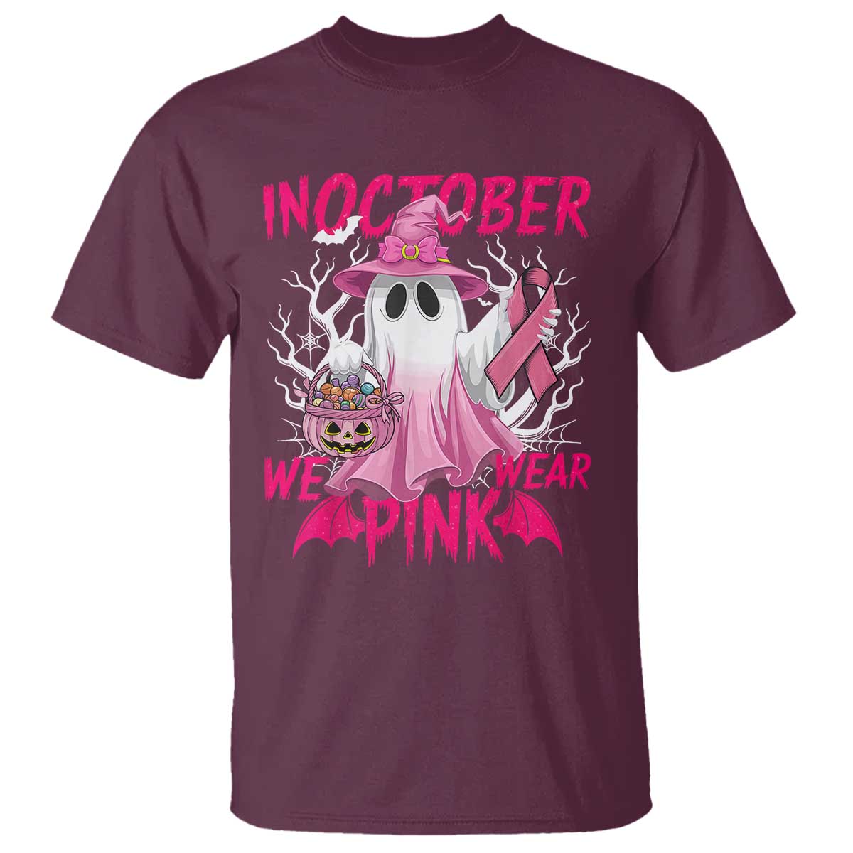 Breast Cancer Awareness T Shirt In October We Wear Pink Ghost - Wonder Print Shop