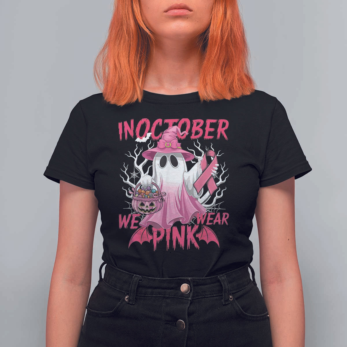 Breast Cancer Awareness T Shirt For Women In October We Wear Pink Ghost - Wonder Print Shop