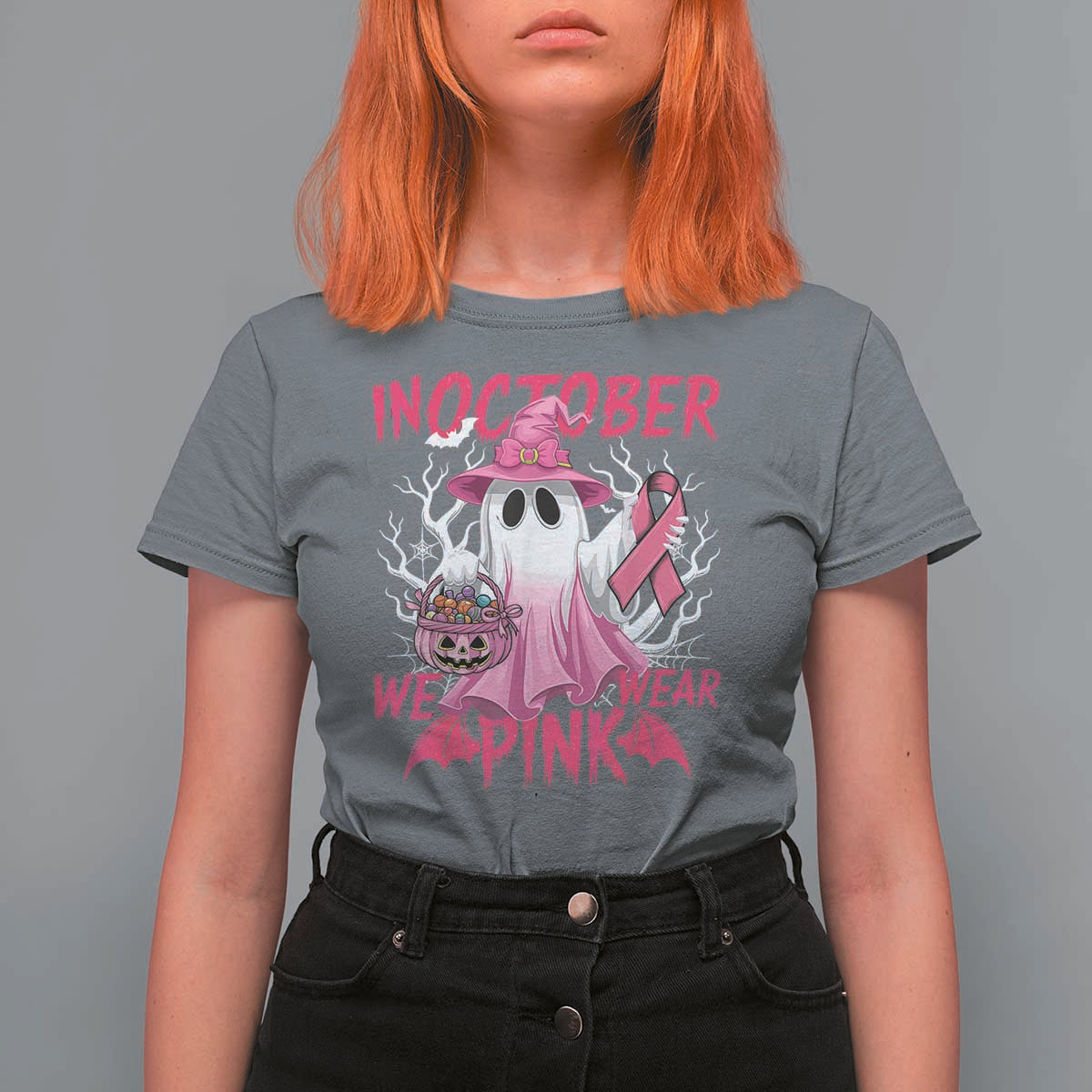 Breast Cancer Awareness T Shirt For Women In October We Wear Pink Ghost - Wonder Print Shop
