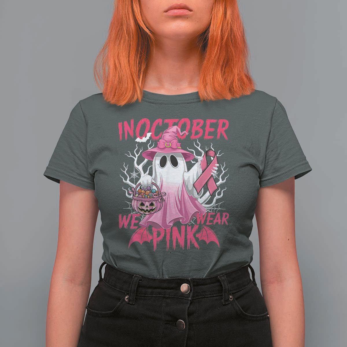Breast Cancer Awareness T Shirt For Women In October We Wear Pink Ghost - Wonder Print Shop