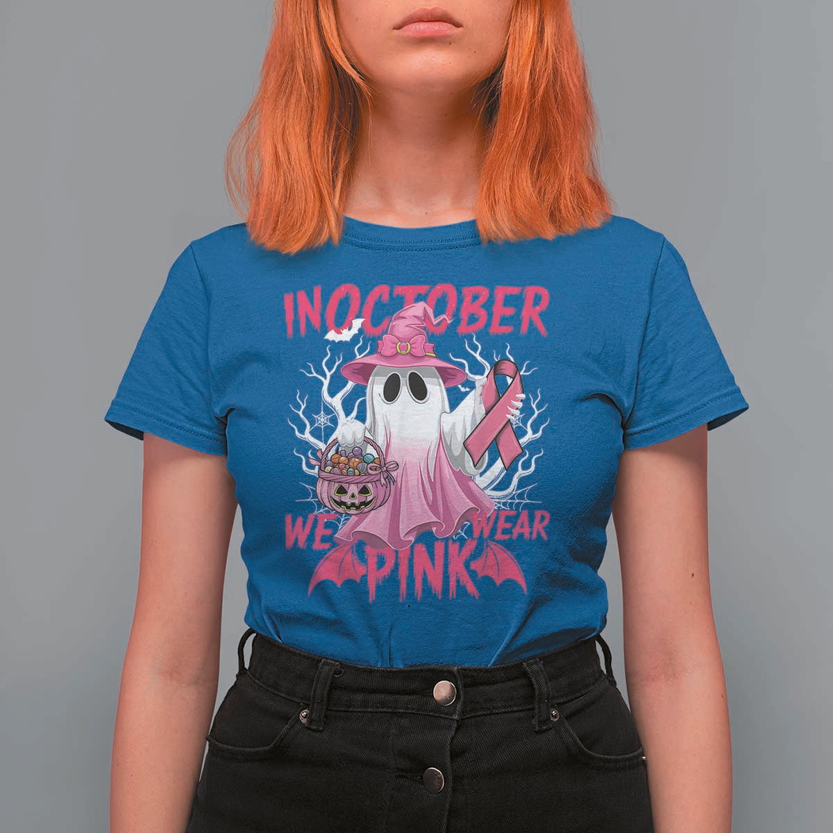 Breast Cancer Awareness T Shirt For Women In October We Wear Pink Ghost - Wonder Print Shop