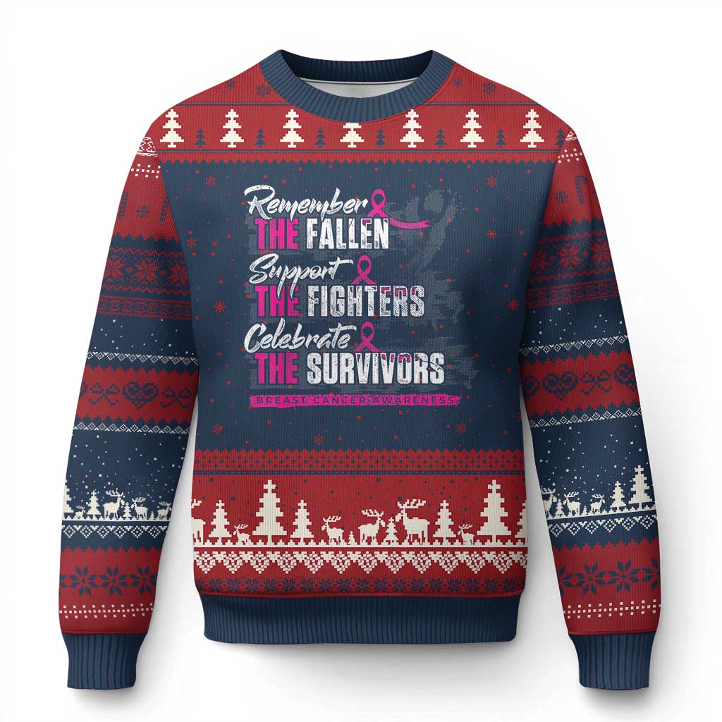 Breast Cancer Awareness Ugly Christmas Sweater Remember The Fallen Support The Fighters - Wonder Print Shop