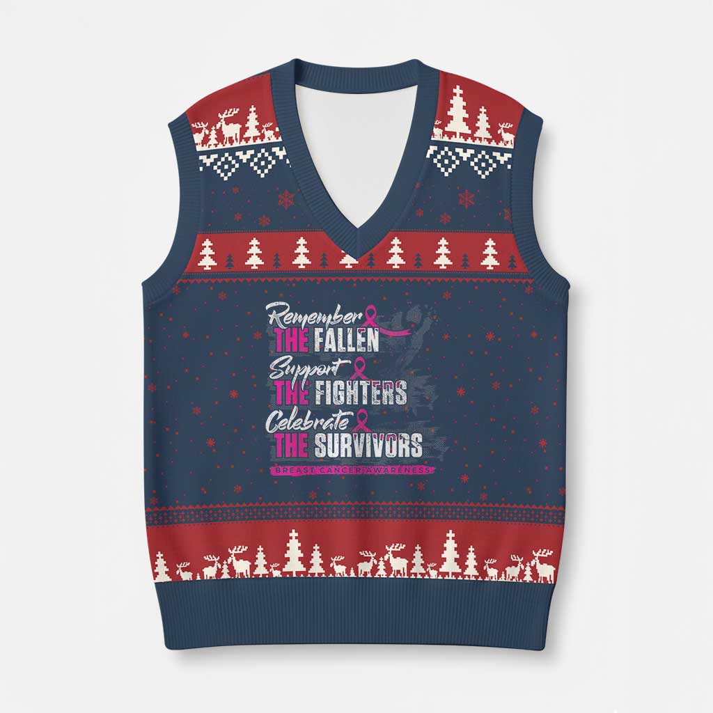 Breast Cancer Awareness V-Neck Knit Sweater Vest Remember The Fallen Support The Fighters - Wonder Print Shop