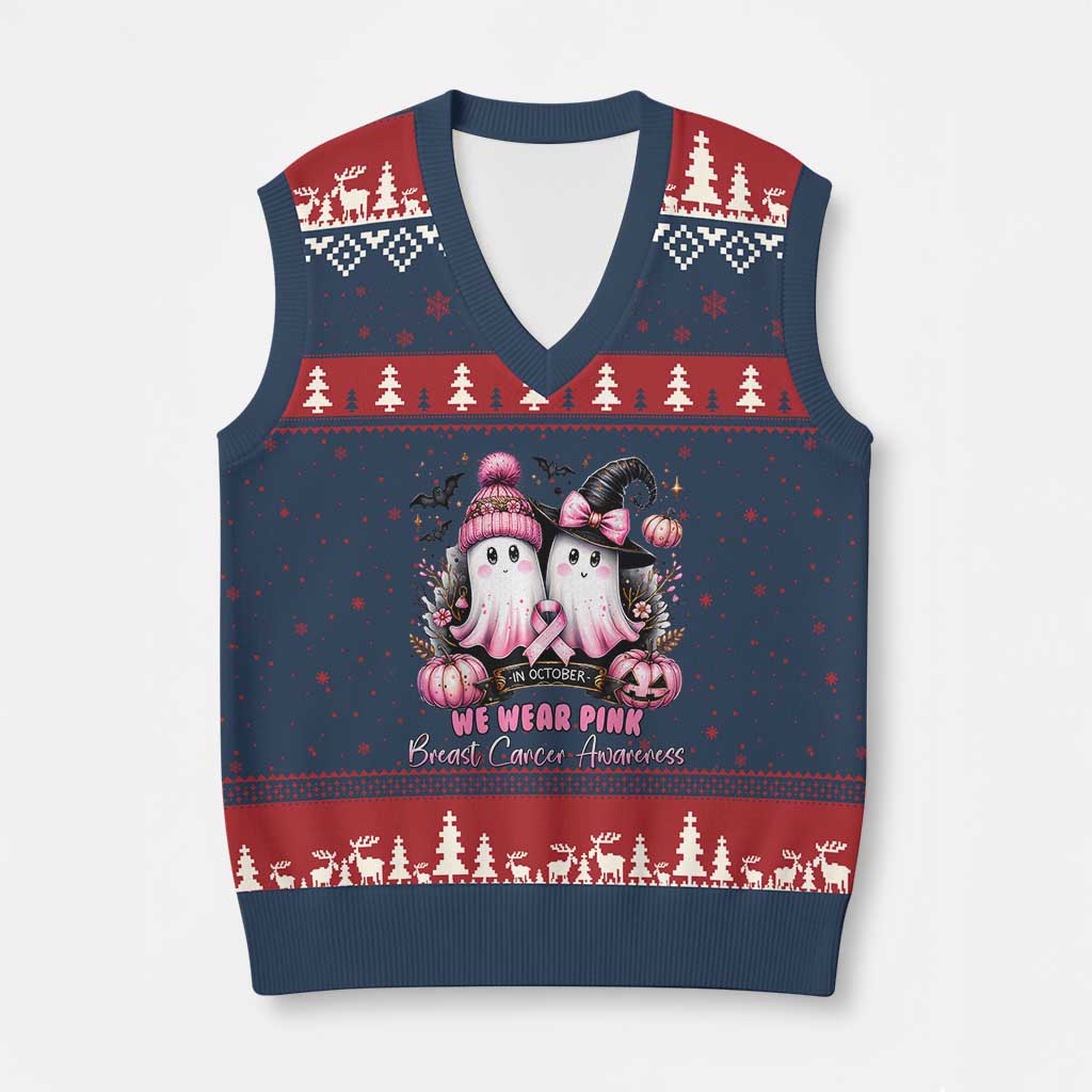 Breast Cancer Awareness Witch V-Neck Knit Sweater Vest In October We Wear Pink Ghost Witch - Wonder Print Shop