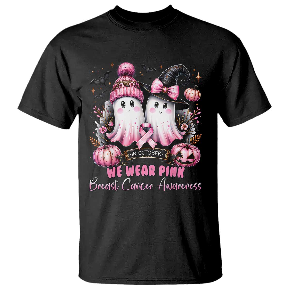 Breast Cancer Awareness Witch T Shirt In October We Wear Pink Ghost Witch - Wonder Print Shop