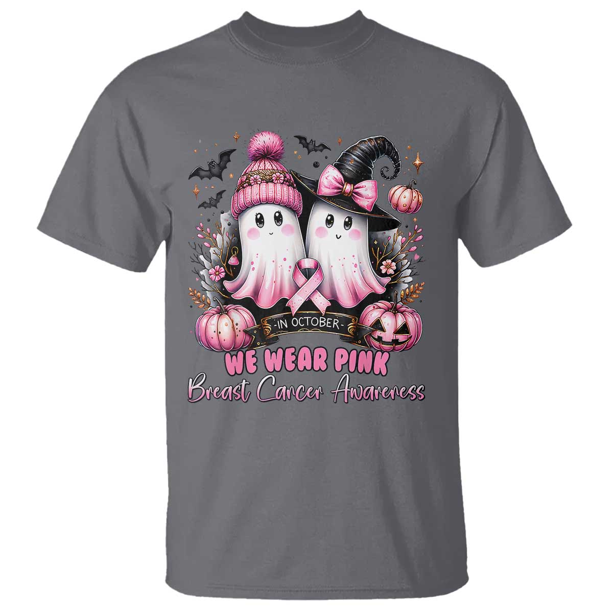 Breast Cancer Awareness Witch T Shirt In October We Wear Pink Ghost Witch - Wonder Print Shop