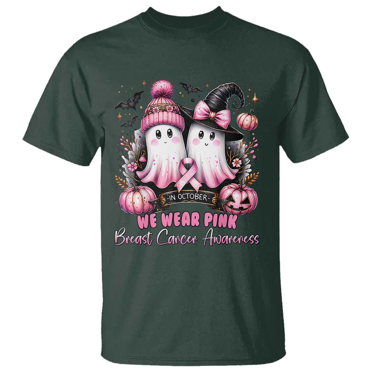 Breast Cancer Awareness Witch T Shirt In October We Wear Pink Ghost Witch - Wonder Print Shop