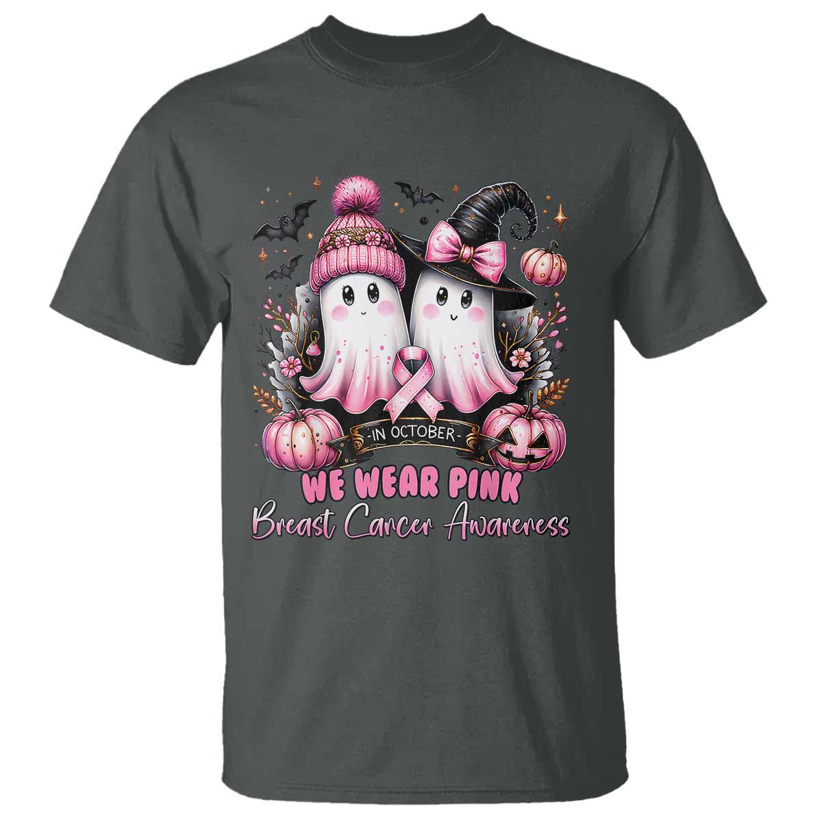 Breast Cancer Awareness Witch T Shirt In October We Wear Pink Ghost Witch - Wonder Print Shop