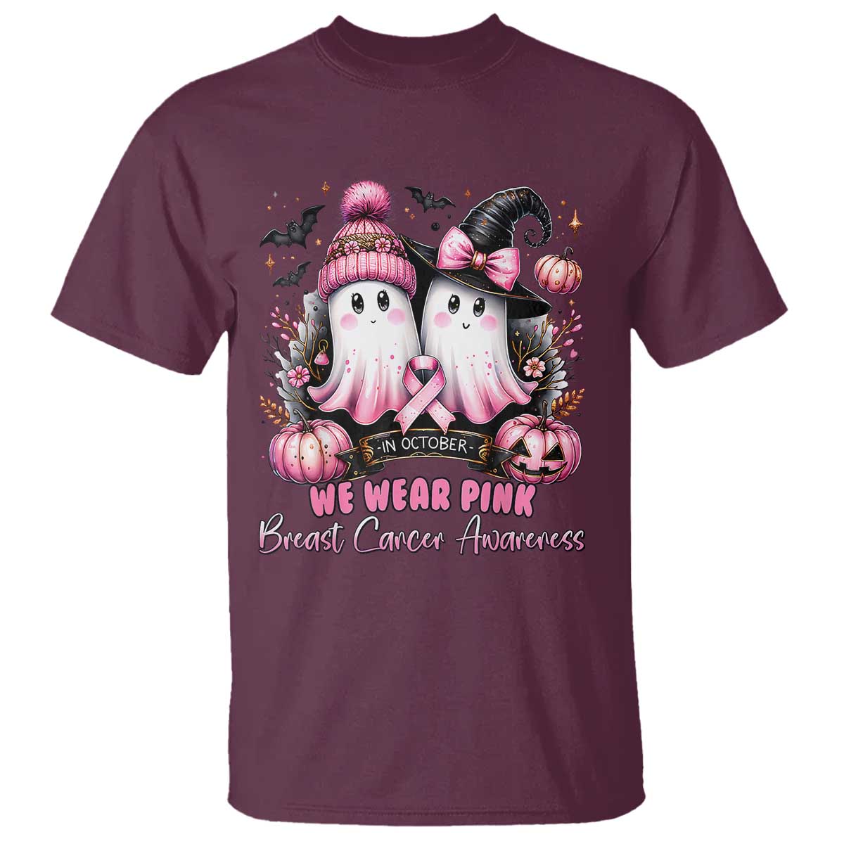 Breast Cancer Awareness Witch T Shirt In October We Wear Pink Ghost Witch - Wonder Print Shop