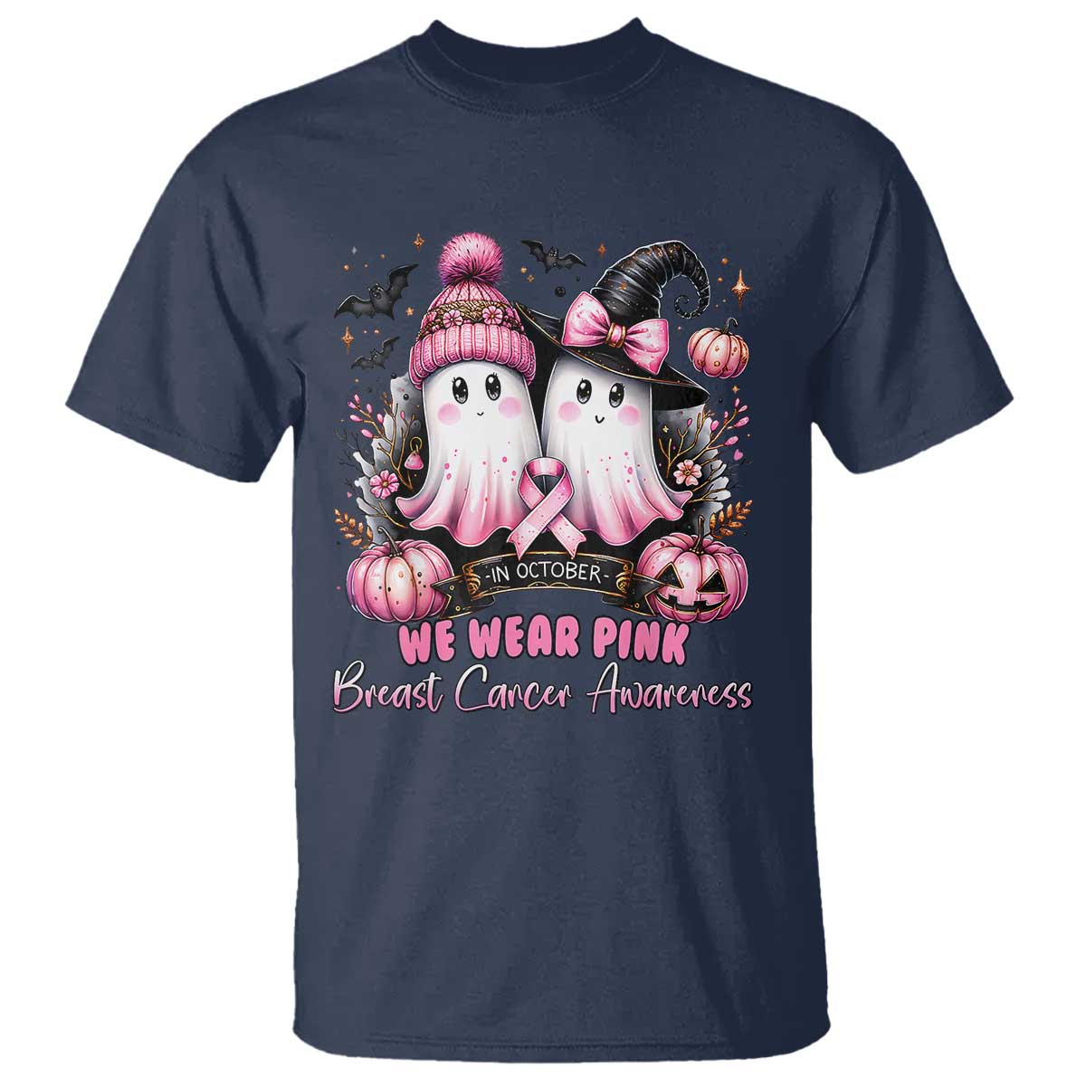 Breast Cancer Awareness Witch T Shirt In October We Wear Pink Ghost Witch - Wonder Print Shop