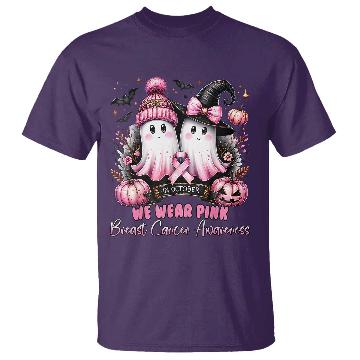Breast Cancer Awareness Witch T Shirt In October We Wear Pink Ghost Witch - Wonder Print Shop