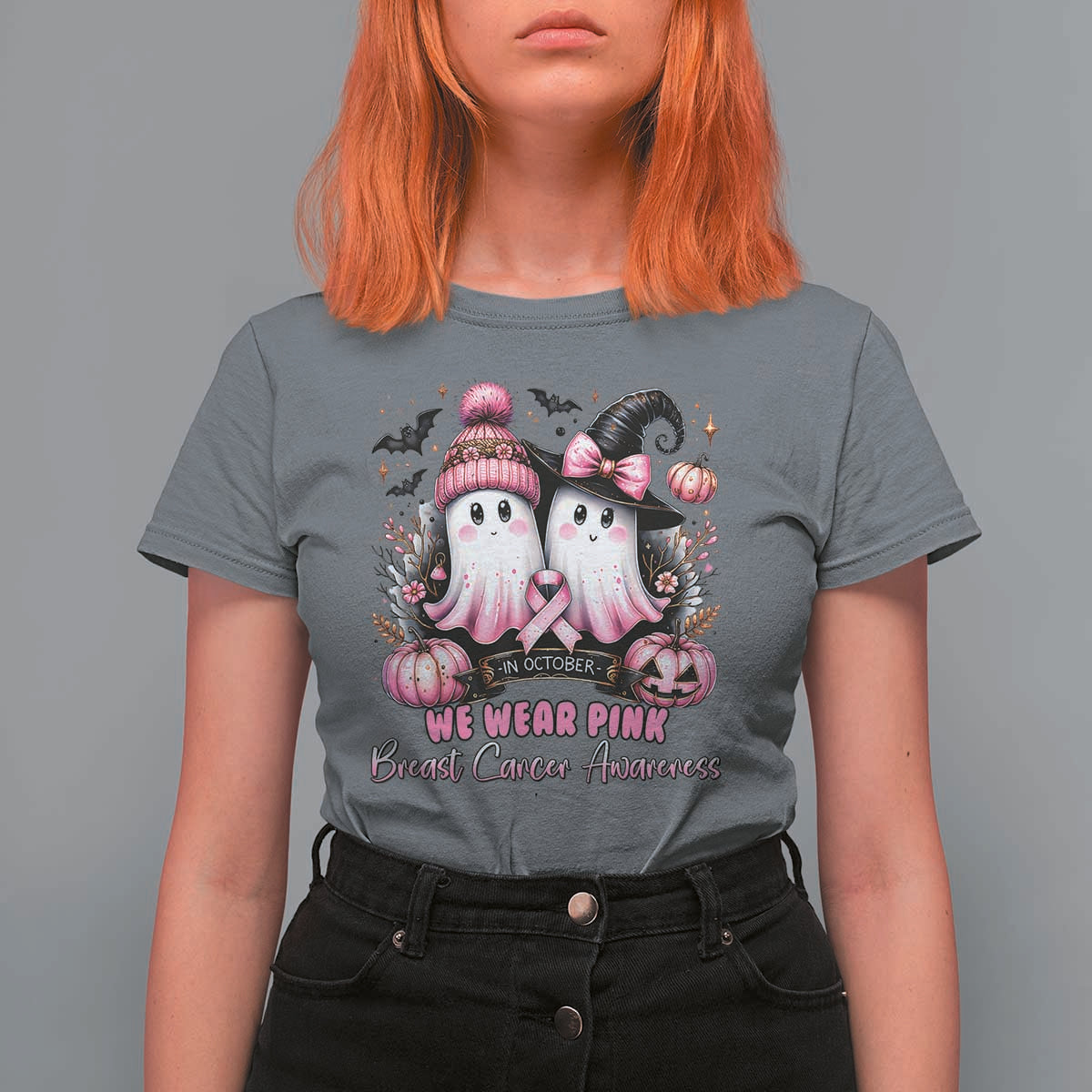 Breast Cancer Awareness Witch T Shirt For Women In October We Wear Pink Ghost Witch - Wonder Print Shop
