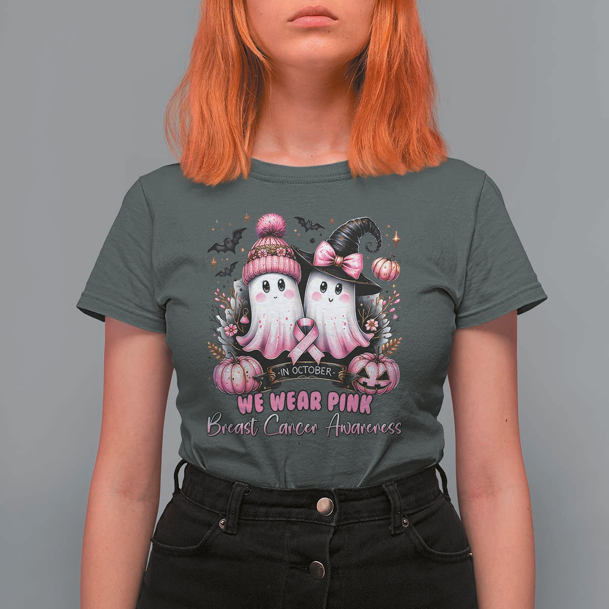 Breast Cancer Awareness Witch T Shirt For Women In October We Wear Pink Ghost Witch - Wonder Print Shop