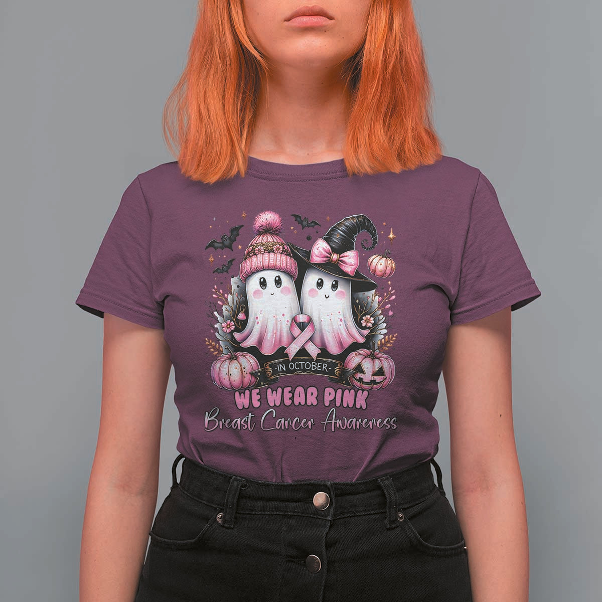 Breast Cancer Awareness Witch T Shirt For Women In October We Wear Pink Ghost Witch - Wonder Print Shop