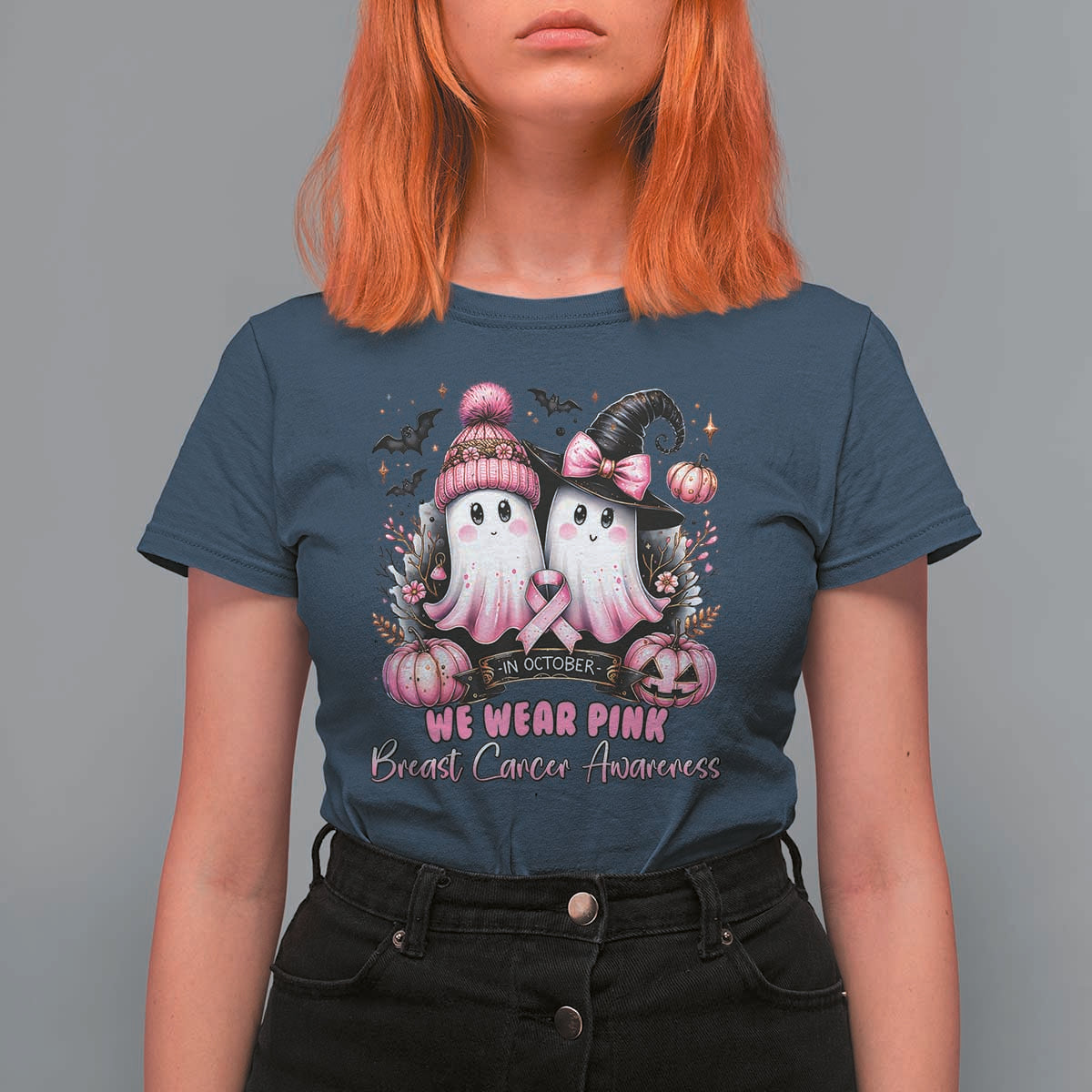 Breast Cancer Awareness Witch T Shirt For Women In October We Wear Pink Ghost Witch - Wonder Print Shop