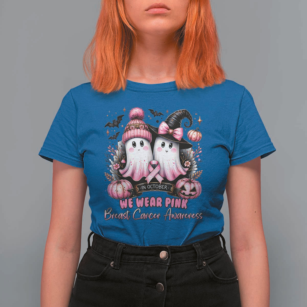 Breast Cancer Awareness Witch T Shirt For Women In October We Wear Pink Ghost Witch - Wonder Print Shop