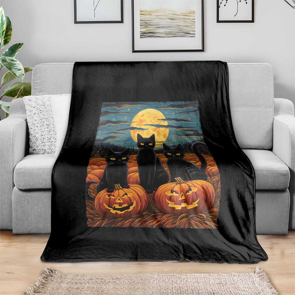 Black Cat Halloween Throw Blanket Starry Night Van Gogh Inspo - Wonder Print Shop