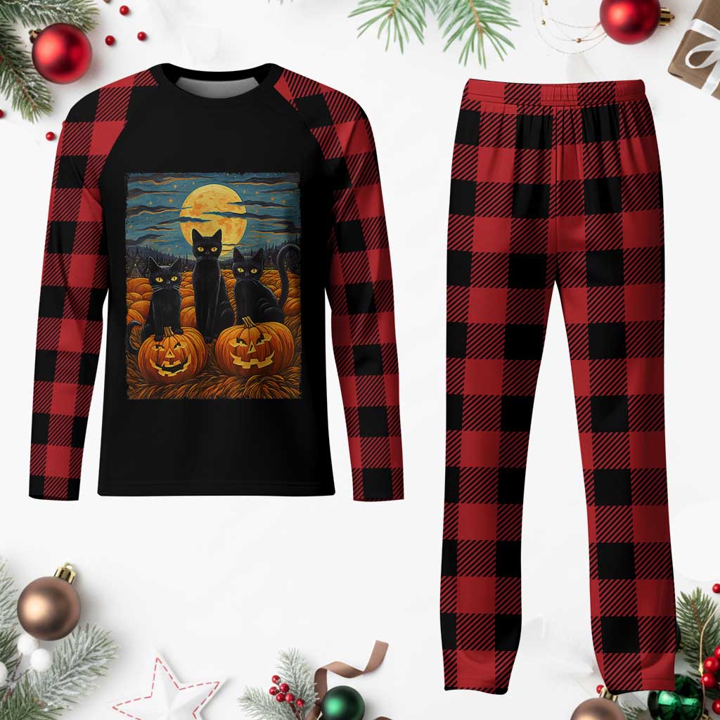 Black Cat Halloween Plaid Pajama Set Starry Night Van Gogh Inspo - Wonder Print Shop