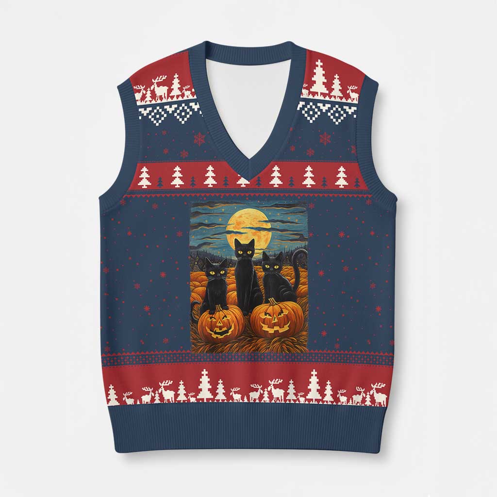 Black Cat Halloween V-Neck Knit Sweater Vest Starry Night Van Gogh Inspo - Wonder Print Shop