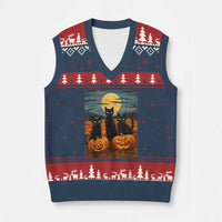 Black Cat Halloween V-Neck Knit Sweater Vest Starry Night Van Gogh Inspo - Wonder Print Shop