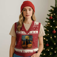 Black Cat Halloween V-Neck Knit Sweater Vest Starry Night Van Gogh Inspo - Wonder Print Shop