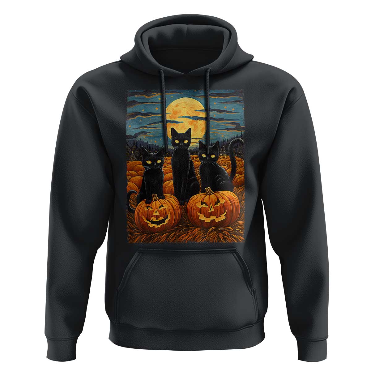 Black Cat Halloween Hoodie Starry Night Van Gogh Inspo