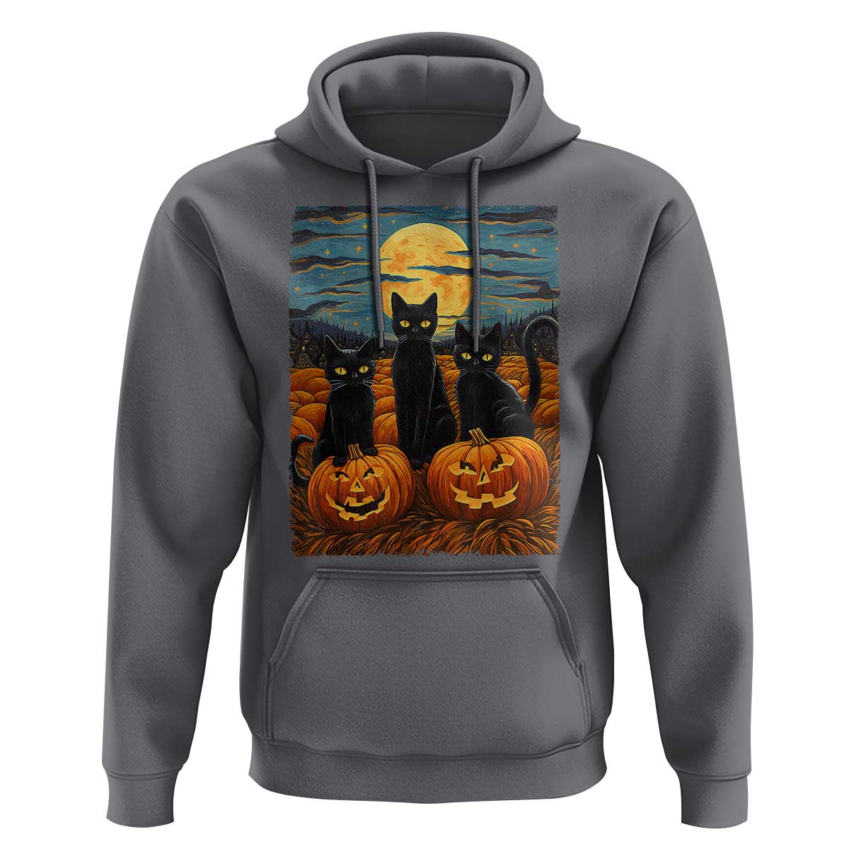 Black Cat Halloween Hoodie Starry Night Van Gogh Inspo