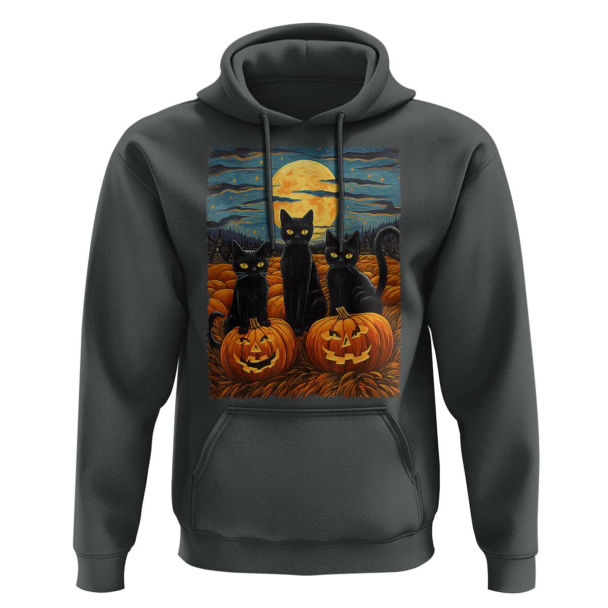 Black Cat Halloween Hoodie Starry Night Van Gogh Inspo