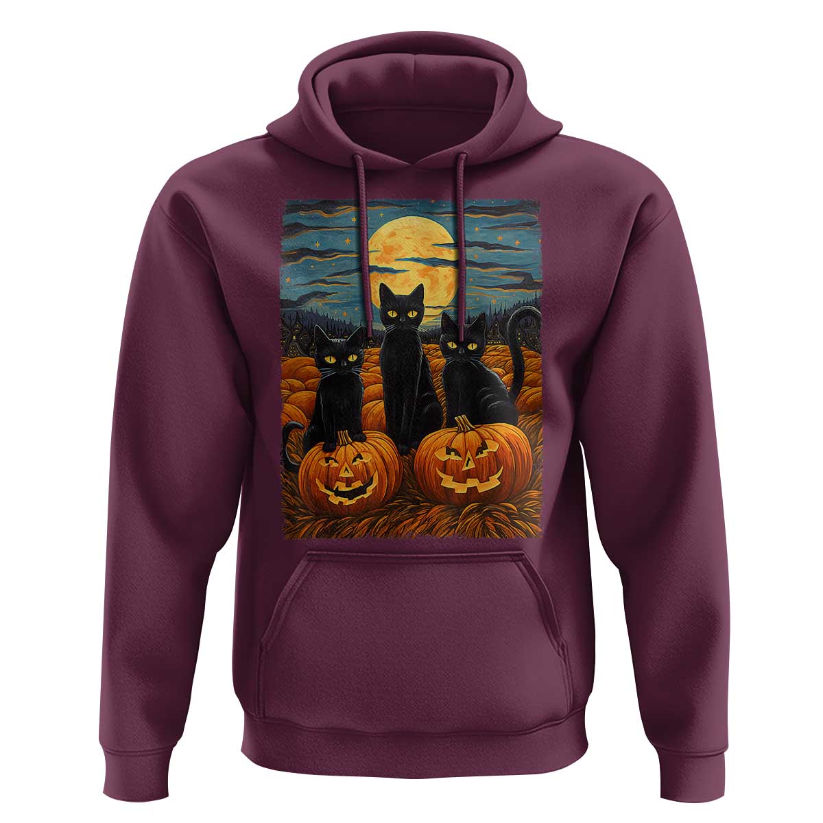 Black Cat Halloween Hoodie Starry Night Van Gogh Inspo