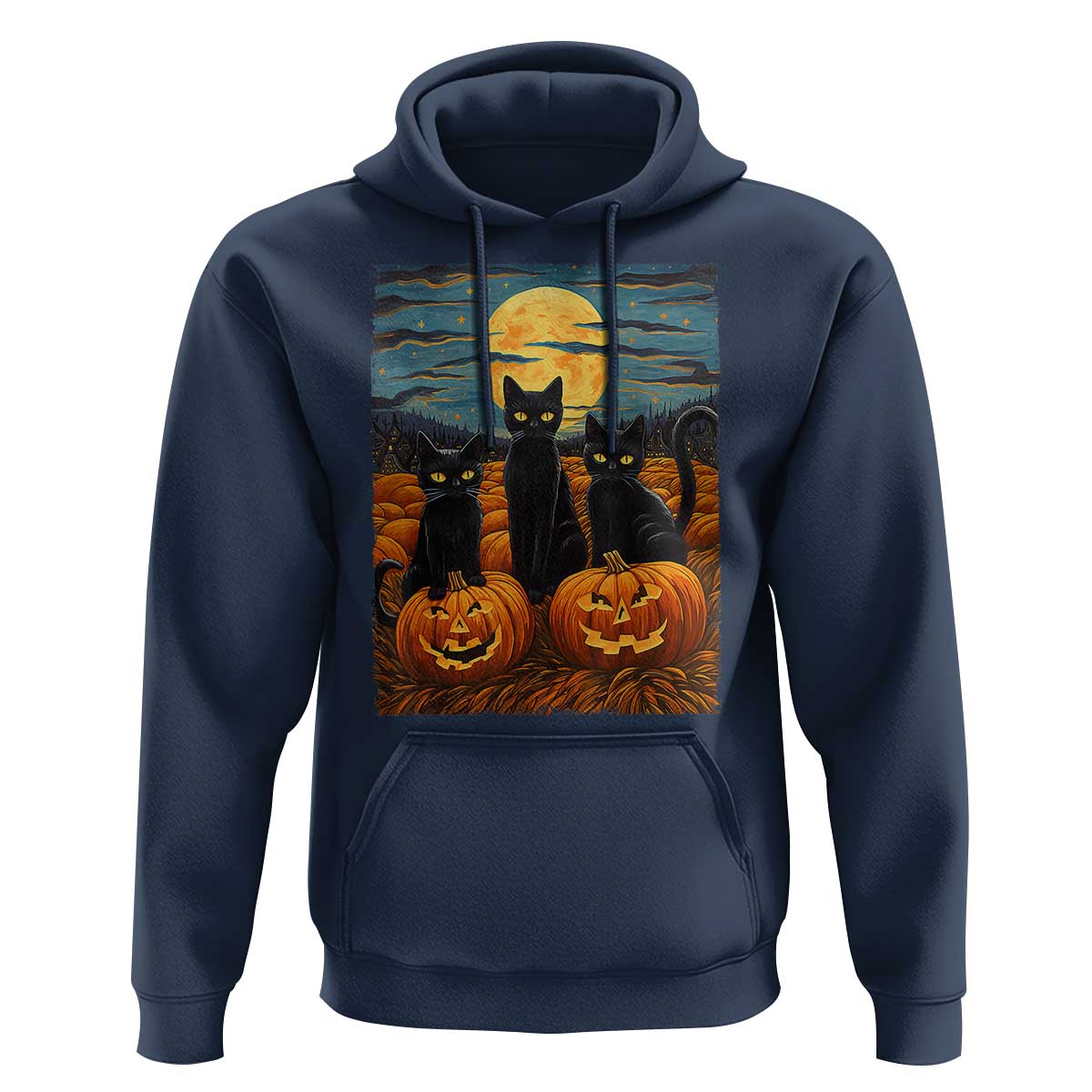 Black Cat Halloween Hoodie Starry Night Van Gogh Inspo