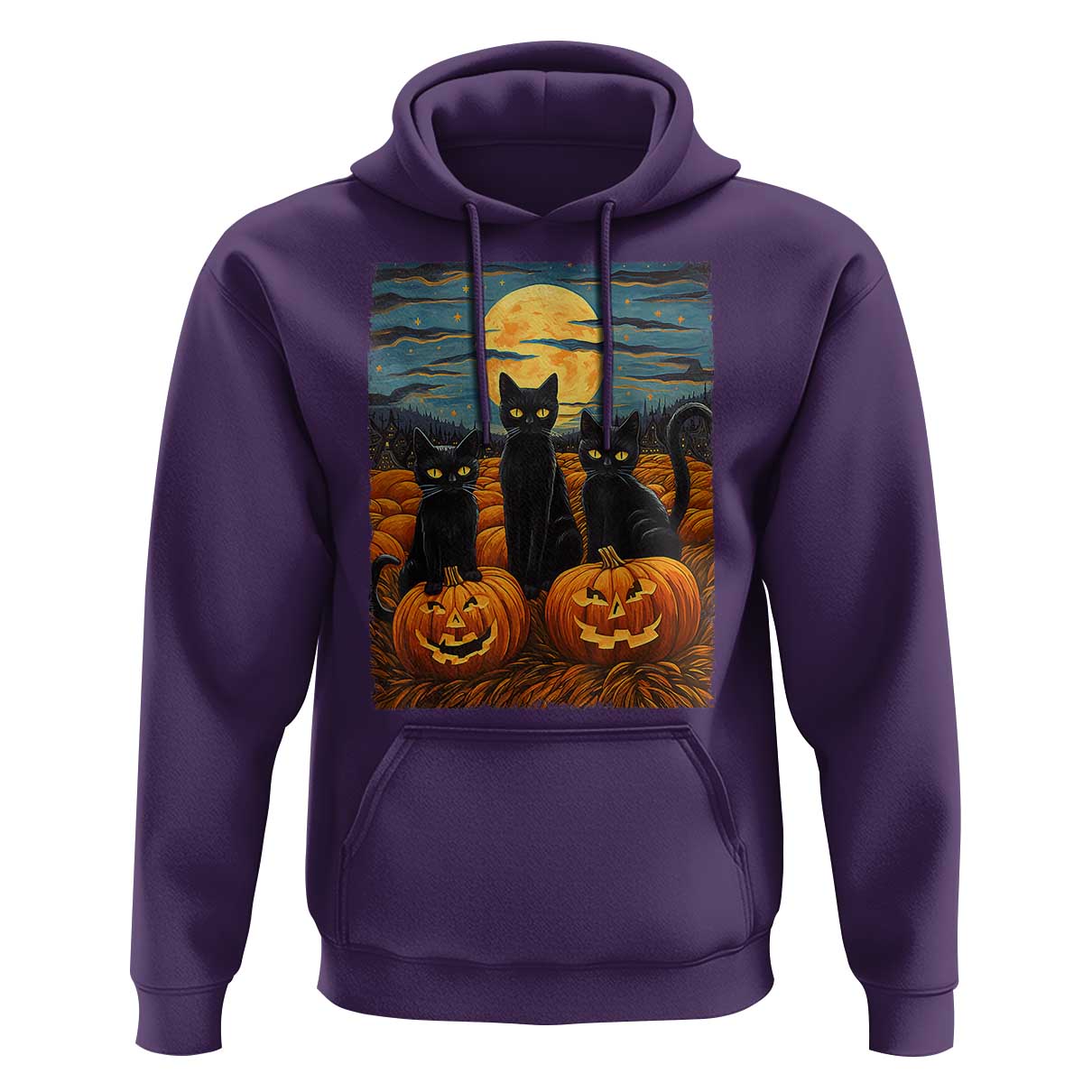 Black Cat Halloween Hoodie Starry Night Van Gogh Inspo