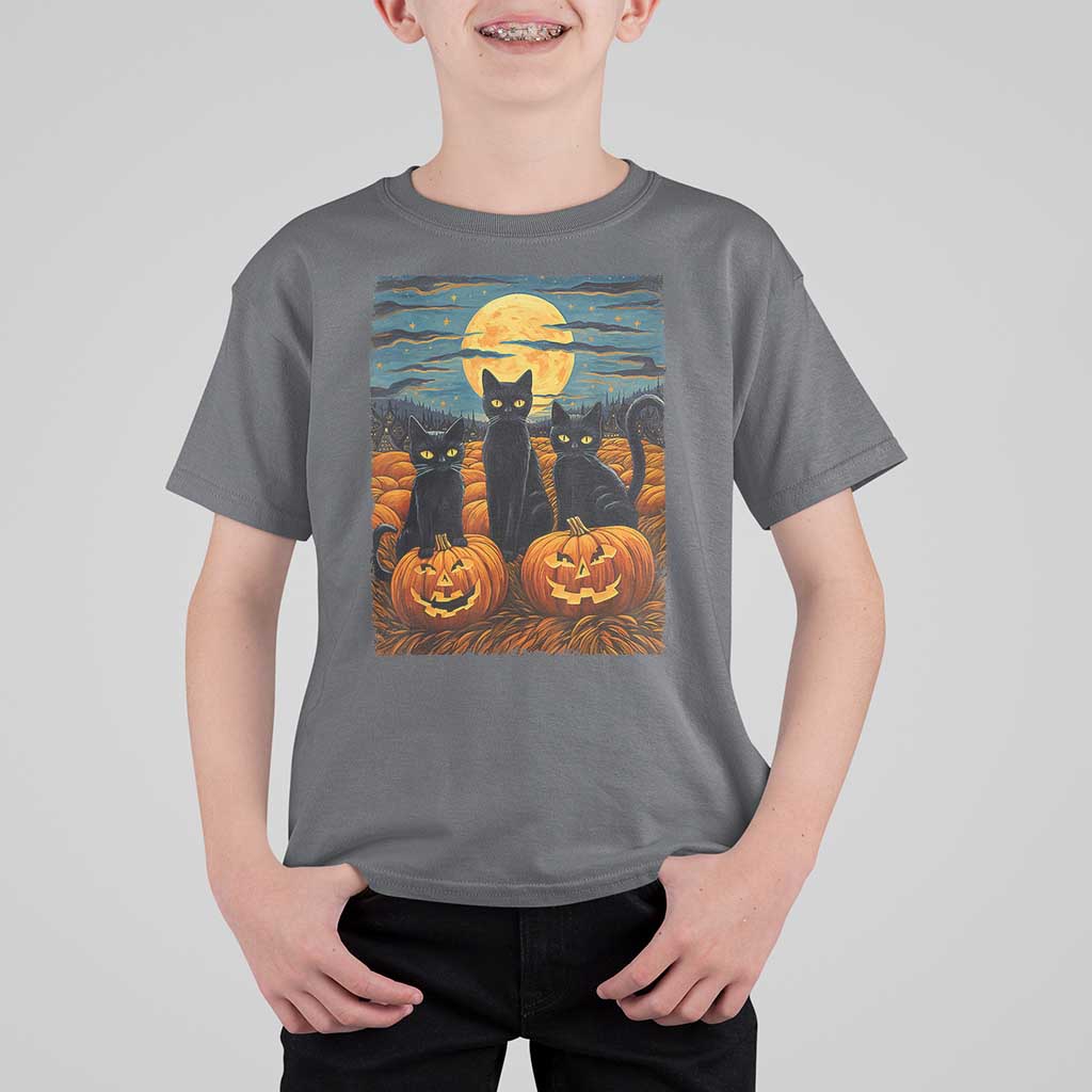 Black Cat Halloween T Shirt For Kid Starry Night Van Gogh Inspo - Wonder Print Shop