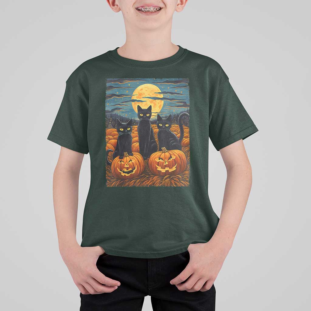 Black Cat Halloween T Shirt For Kid Starry Night Van Gogh Inspo - Wonder Print Shop