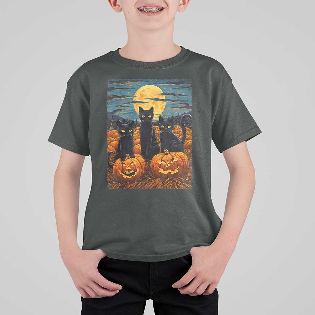 Black Cat Halloween T Shirt For Kid Starry Night Van Gogh Inspo - Wonder Print Shop