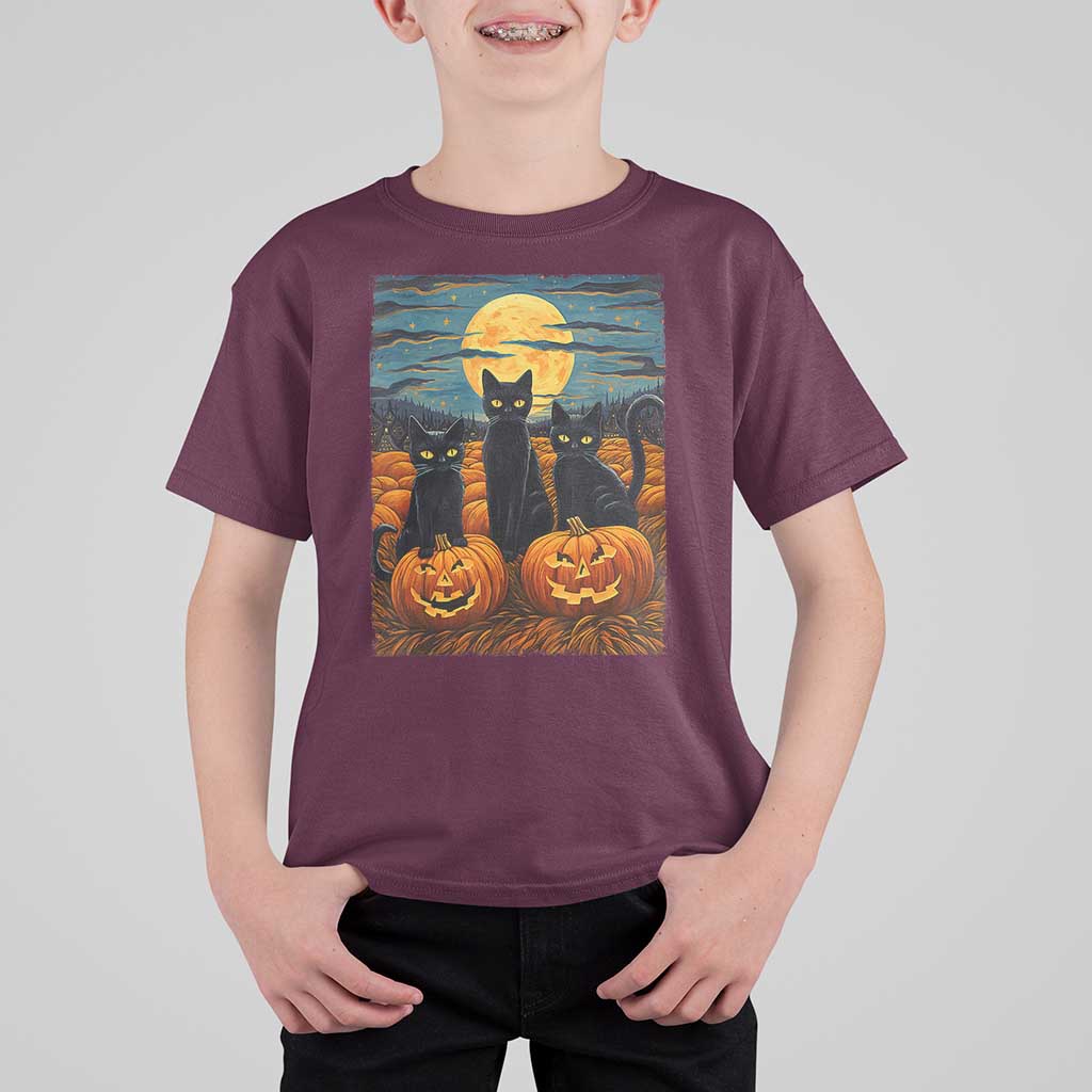 Black Cat Halloween T Shirt For Kid Starry Night Van Gogh Inspo - Wonder Print Shop