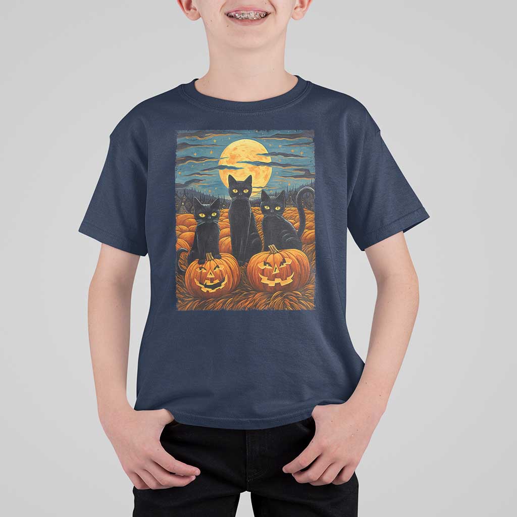 Black Cat Halloween T Shirt For Kid Starry Night Van Gogh Inspo - Wonder Print Shop