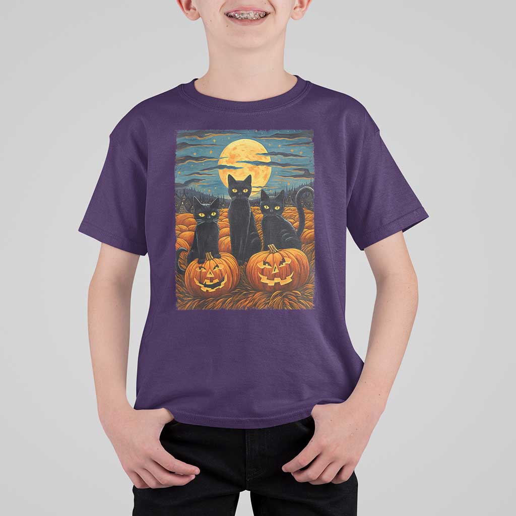 Black Cat Halloween T Shirt For Kid Starry Night Van Gogh Inspo - Wonder Print Shop