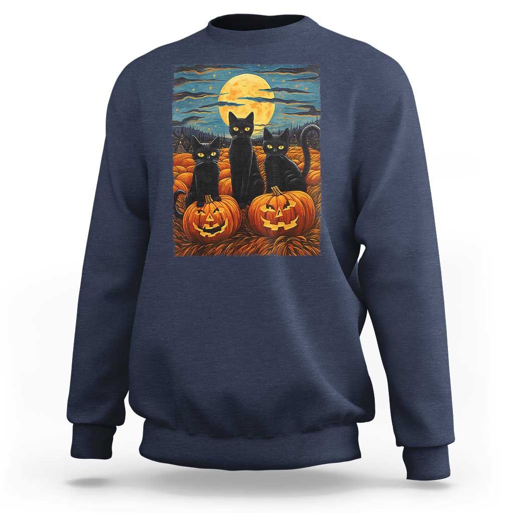 Black Cat Halloween Sweatshirt Starry Night Van Gogh Inspo - Wonder Print Shop