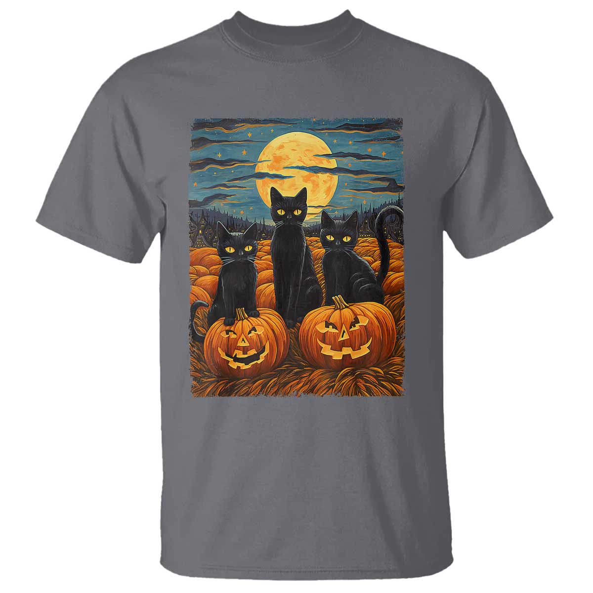 Black Cat Halloween T Shirt Starry Night Van Gogh Inspo - Wonder Print Shop