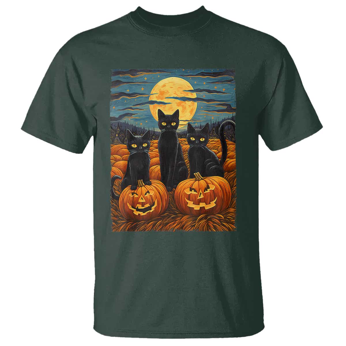 Black Cat Halloween T Shirt Starry Night Van Gogh Inspo - Wonder Print Shop