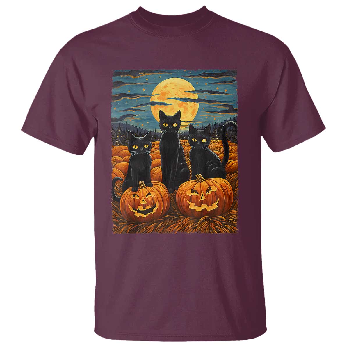 Black Cat Halloween T Shirt Starry Night Van Gogh Inspo - Wonder Print Shop