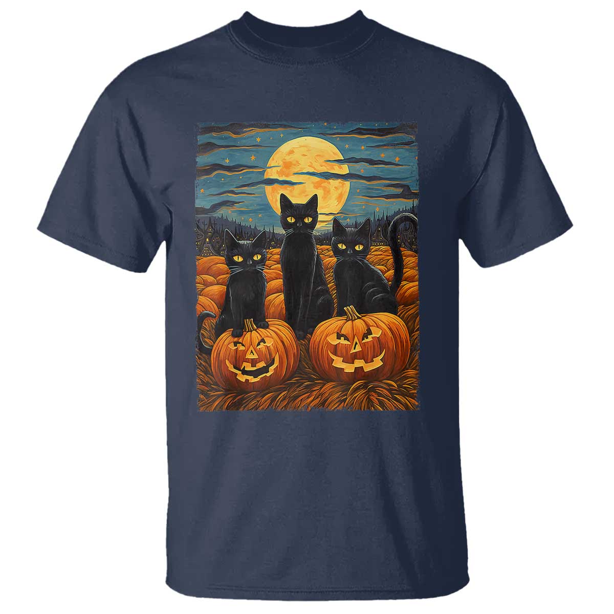 Black Cat Halloween T Shirt Starry Night Van Gogh Inspo - Wonder Print Shop