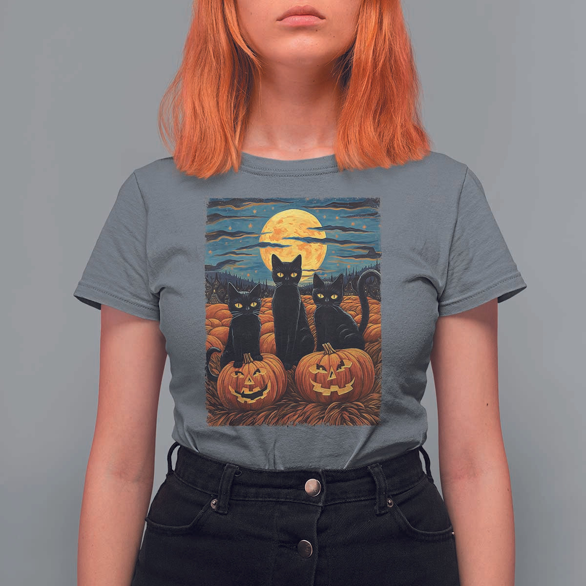 Black Cat Halloween T Shirt For Women Starry Night Van Gogh Inspo - Wonder Print Shop