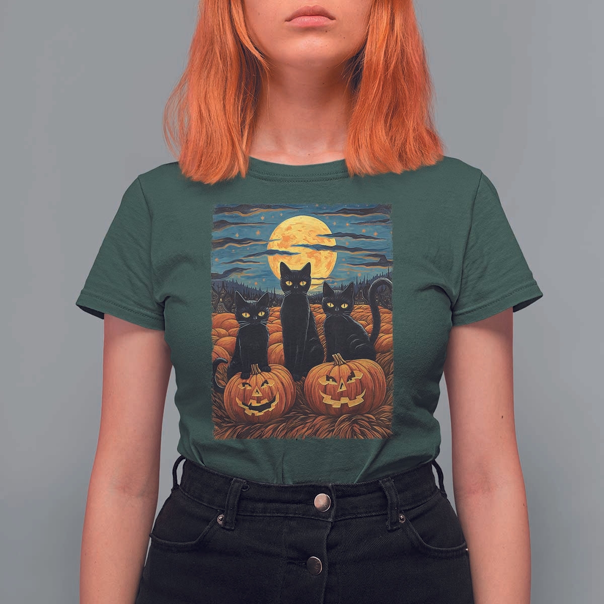 Black Cat Halloween T Shirt For Women Starry Night Van Gogh Inspo - Wonder Print Shop